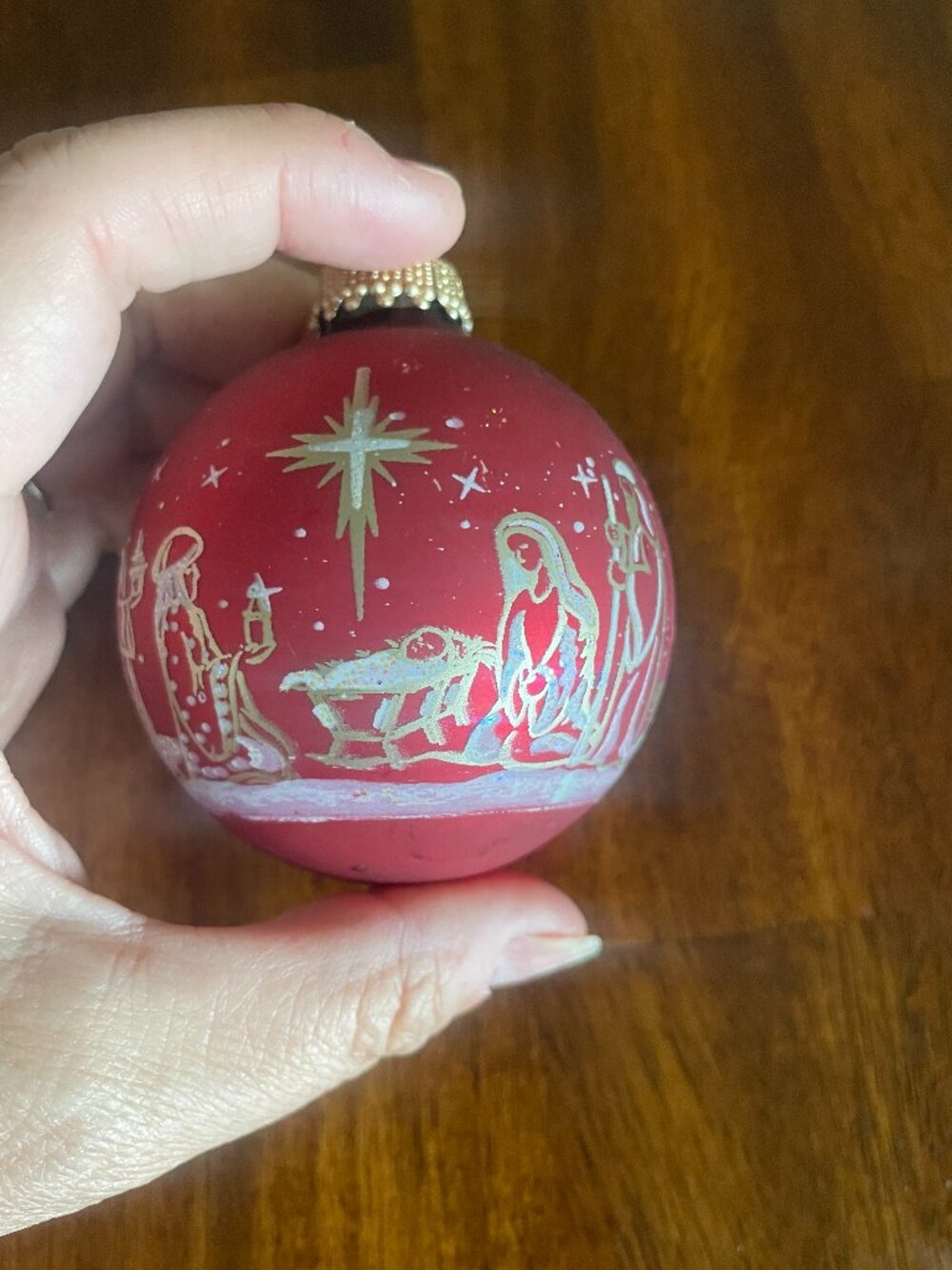 Krebs Glass Nativity Christmas Ornaments Round Red Gold Balls Boxed 1